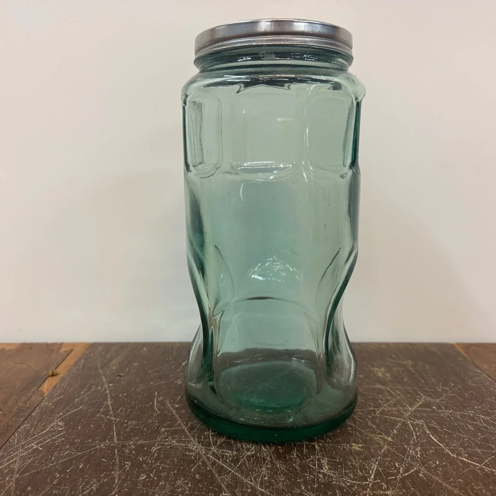 Vintage Aqua Green Glass‎ Storage Jar with Metal Lid Tall Kitchen Decor